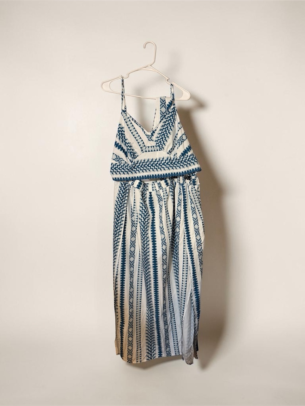 Blue and White Patterned Two-Piece Skirt Set